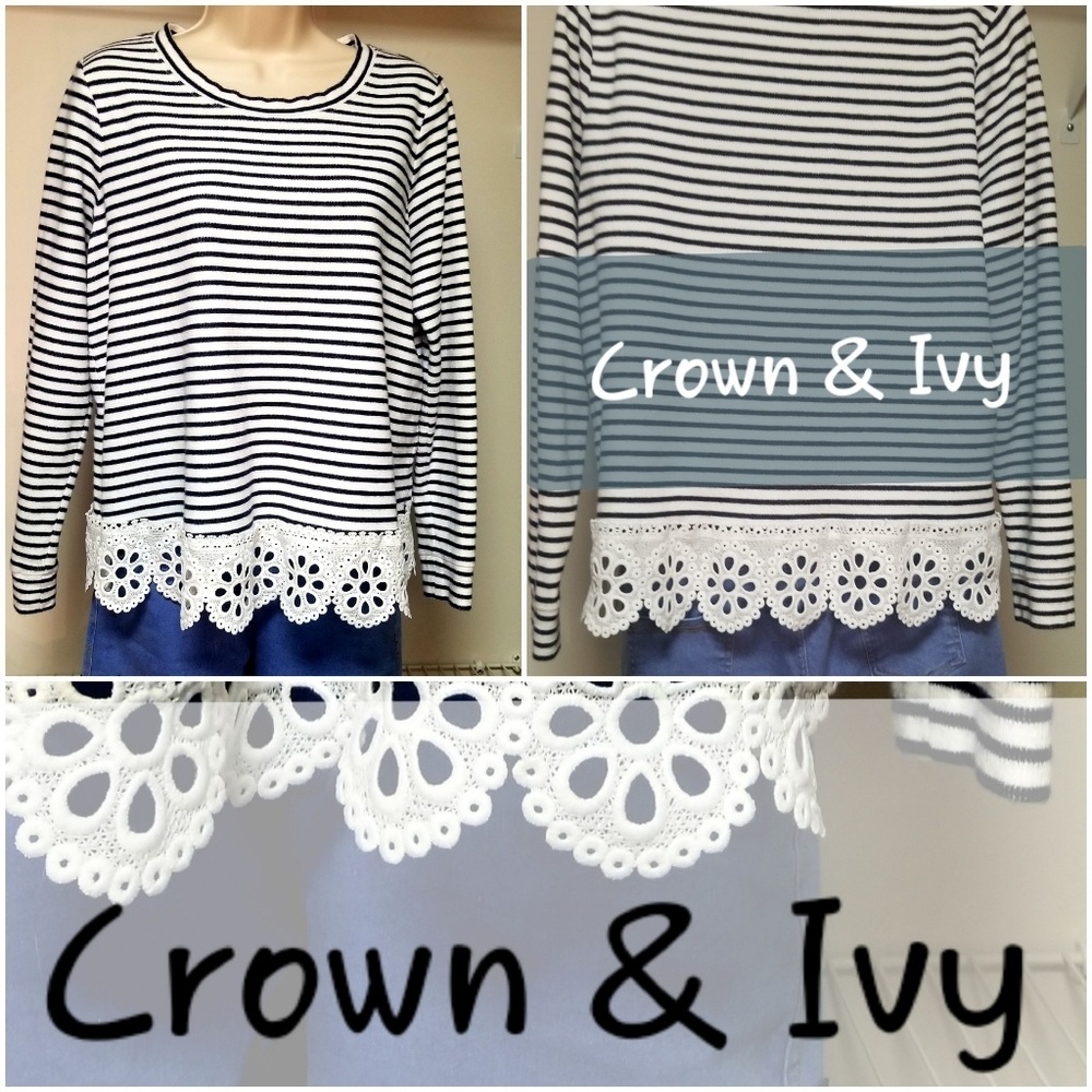 Crown & Ivy womens navy and white stripe lace Top